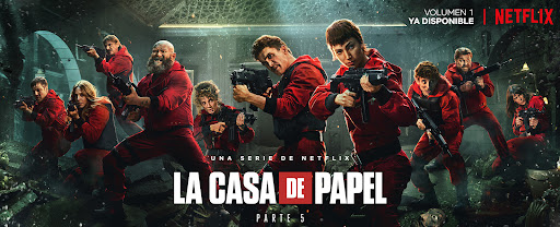 Promotional image featuring the cast of La Casa de Papel (Money Heist) in red jumpsuits, holding weapons, against a dark background.