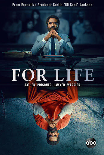 A promotional image for For Life features a man in a suit with a reflection of him in a prison uniform. The title is displayed in large letters.