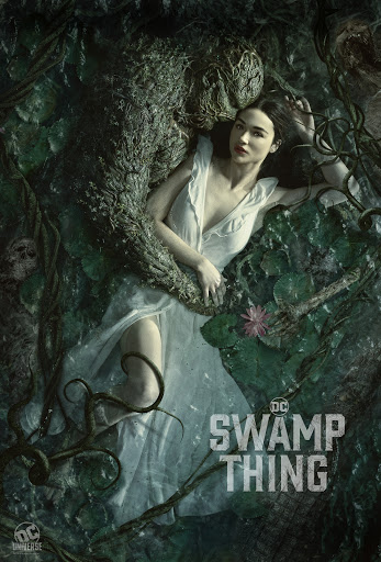 Movie poster for Swamp Thing featuring a woman in a white dress lying in foliage next to a large humanoid plant monster.