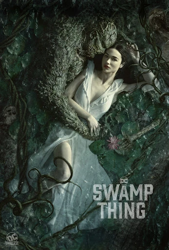 Movie poster for Swamp Thing featuring a woman in a white dress lying in foliage next to a large humanoid plant monster.