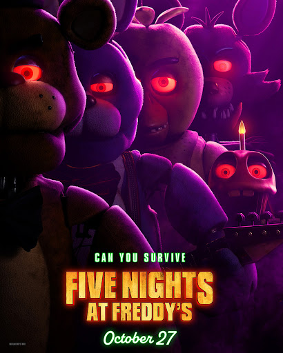 Five Nights at Freddy's movie poster featuring Freddy Fazbear, Bonnie, Chica, Foxy, and Montgomery Gator on a dark purple background.