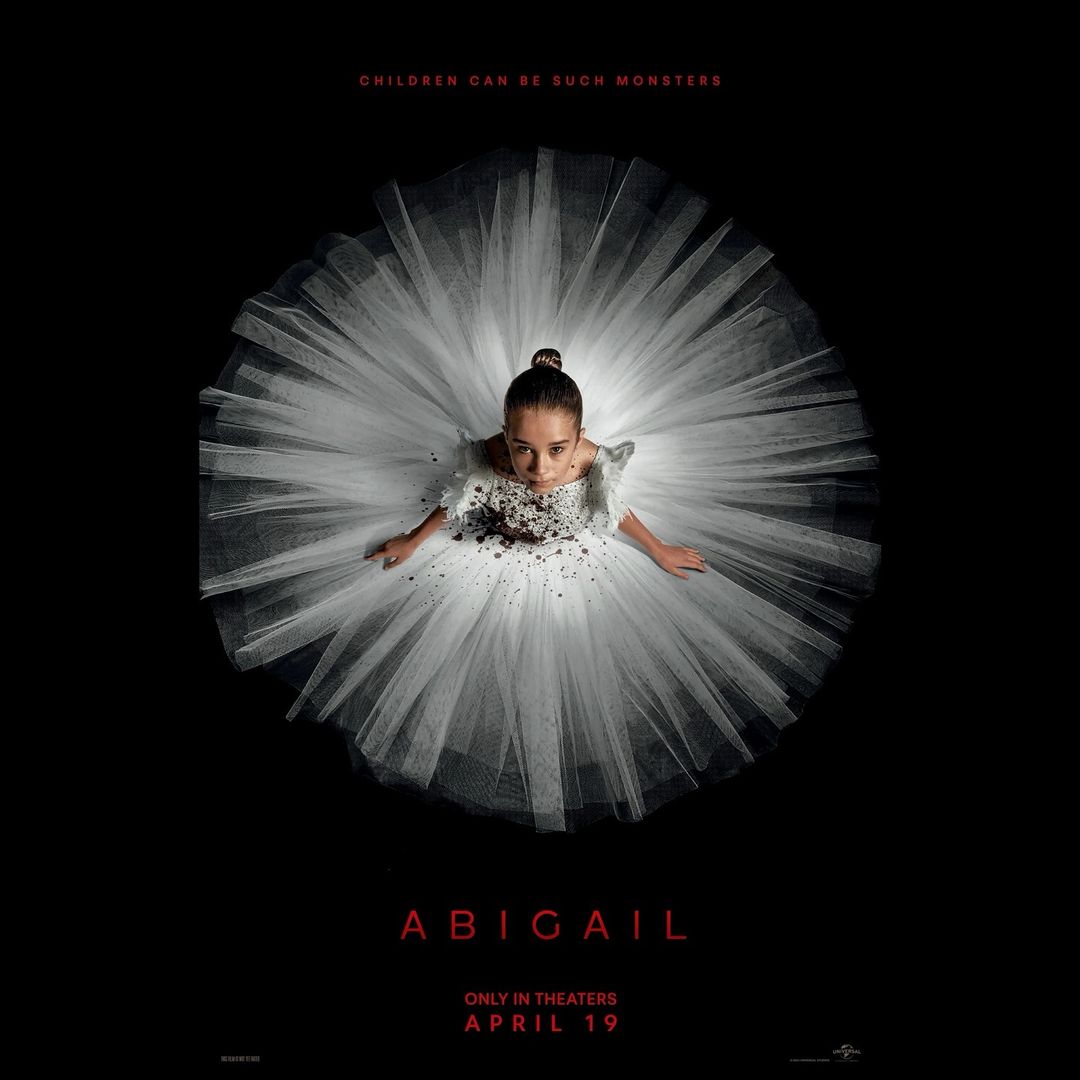 Promotional movie poster for the film Abigail features a young ballerina in a white tutu against a stark black background.