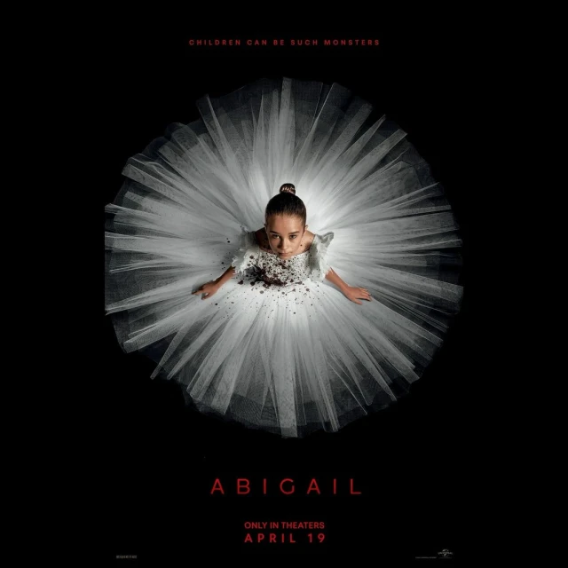 Promotional movie poster for the film Abigail features a young ballerina in a white tutu against a stark black background.
