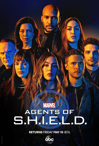 Promotional poster for Marvel's Agents of S.H.I.E.L.D. featuring eight cast members, in a group portrait style, for the show's return in May.