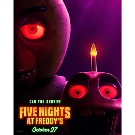 Chica and Cupcake animatronics from Five Nights at Freddy's movie poster, set against a dark purple backdrop, promotional material.