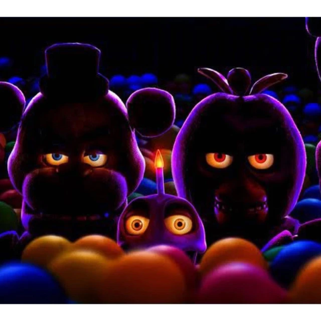 Illustration featuring 3D-rendered, animatronic-style characters in a ball pit, with stylized lighting and glowing eyes on a dark background.