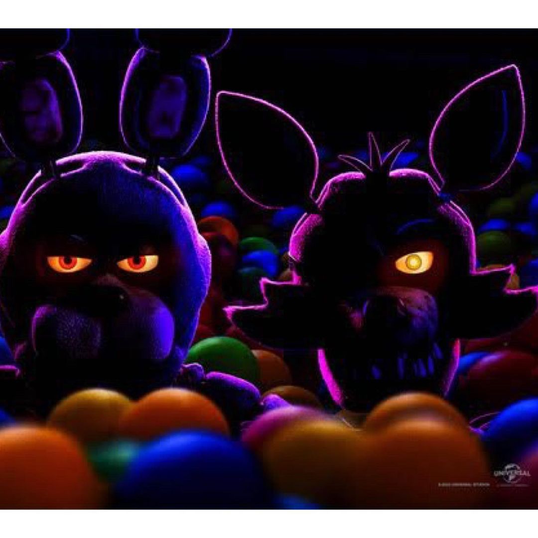 Five Nights at Freddy's character animatronics in a ball pit, glowing eyes, dark lighting, children's entertainment theme, video game.