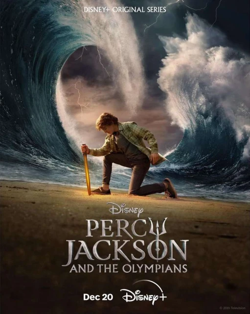 Movie poster for Percy Jackson and the Olympians series, featuring a young man kneeling on a beach as a large wave looms in the background.