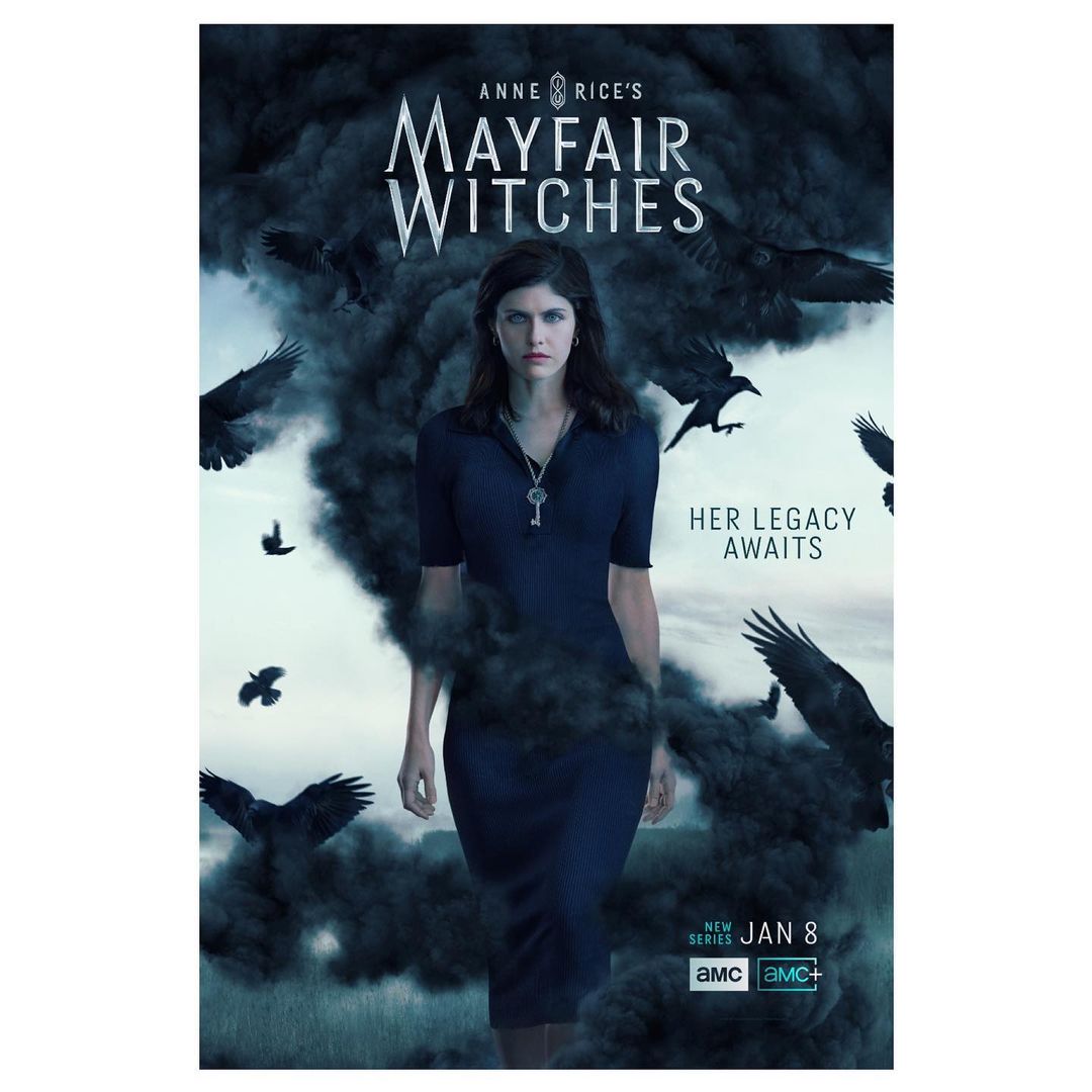 Poster for Anne Rice's Mayfair Witches features Alexandra Daddario in a blue dress, surrounded by ravens and dark clouds.