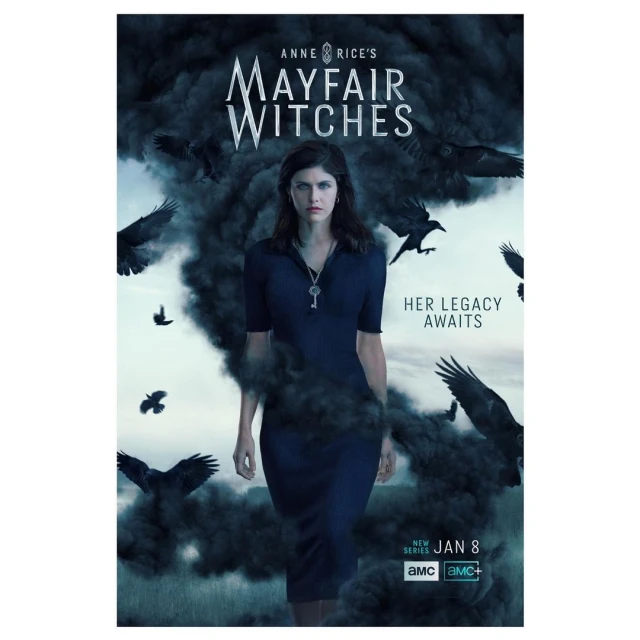 Poster for Anne Rice's Mayfair Witches features Alexandra Daddario in a blue dress, surrounded by ravens and dark clouds.