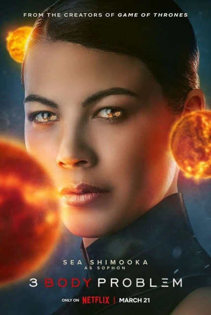 Close-up of Sea Shimooka on '3 Body Problem' poster, surrounded by fiery planet-like objects, creating an otherworldly and dramatic visual.