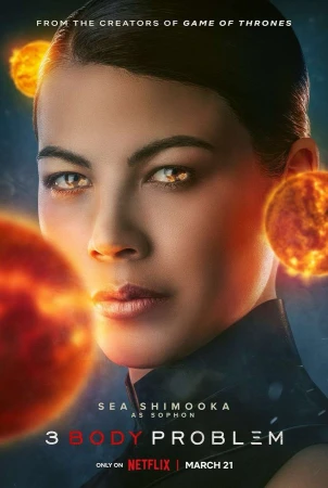Close-up of Sea Shimooka on '3 Body Problem' poster, surrounded by fiery planet-like objects, creating an otherworldly and dramatic visual.