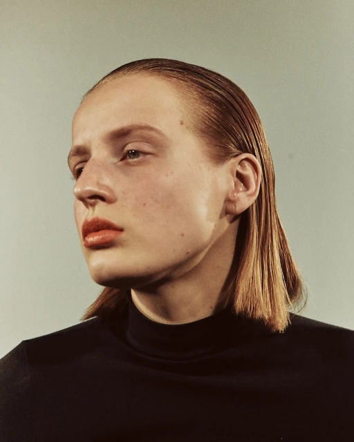 Headshot of a female model with slicked-back red hair and a black turtleneck, set against a neutral studio backdrop.