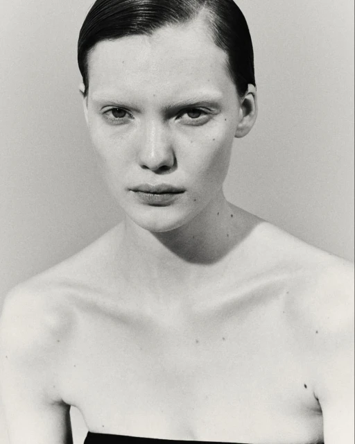 Striking black and white close-up of a fair-skinned young woman with sleek hair, gazing intently in a studio setting with neutral background.