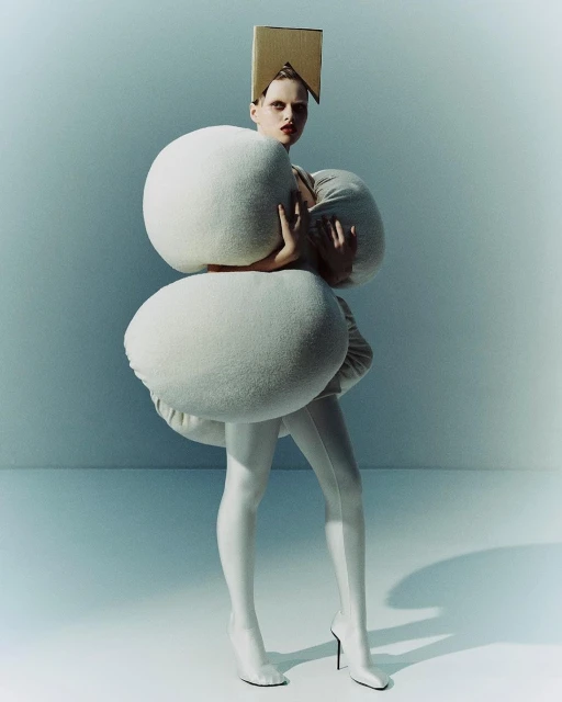 A fashion shot of a woman in a puffy white costume with a cardboard hat, wearing white stockings and shoes in a studio setting.