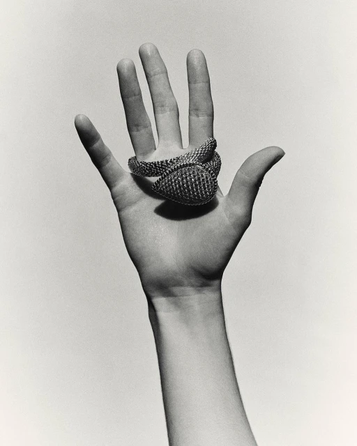 Close-up black and white studio shot of an adult hand with a woven metal cuff or accessory coiled around the fingers and hand.