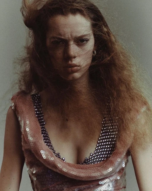 Portrait of a fair-skinned woman with long, wavy auburn hair wearing a sequined sleeveless top against a neutral background.