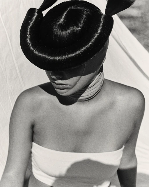 Black and white portrait of an adult woman with a creatively styled updo, wrapped in a bandeau top and neck wrap, against a soft backdrop.
