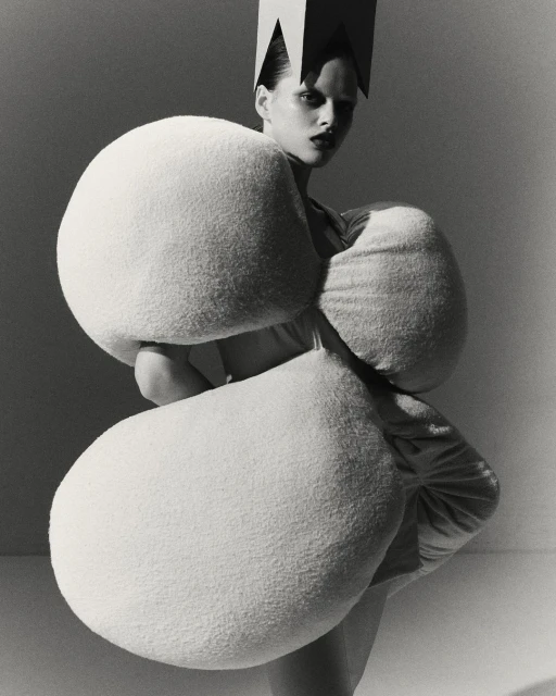 Monochrome studio shot of a stylish adult woman with dramatic makeup wearing an avant-garde crown and sculptural, white padded garment.