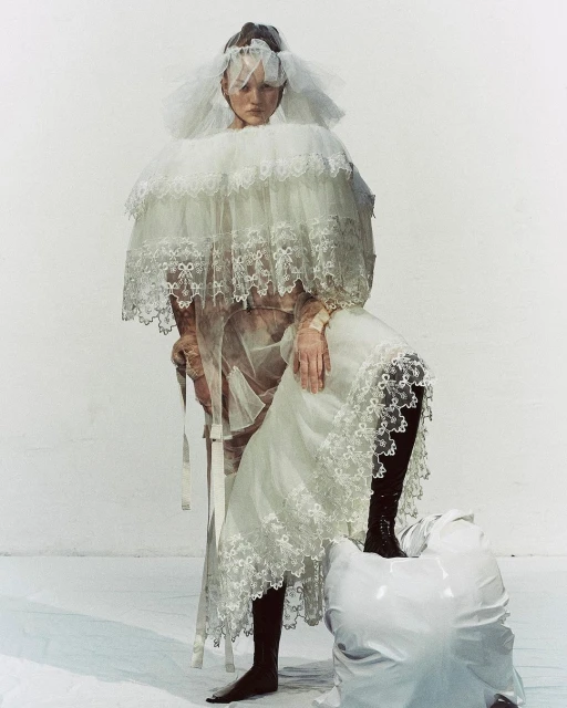 Fashionable woman in frilly white dress and veil poses in a studio setting. The dress features lace and frills and she has one foot on a white object.