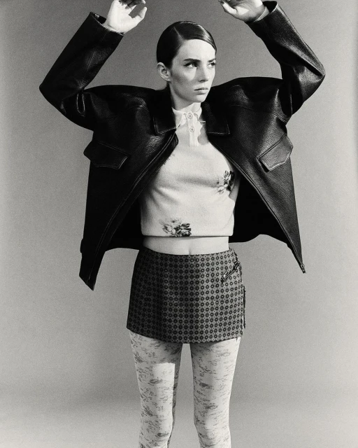 Monochrome portrait of an adult female with hands up, wearing a black leather jacket, printed top, and patterned mini skirt against a plain background.