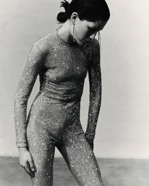 Black and white portrait of a woman in a sparkling, long-sleeved jumpsuit looking down, with dangling earrings and her hair pulled back.