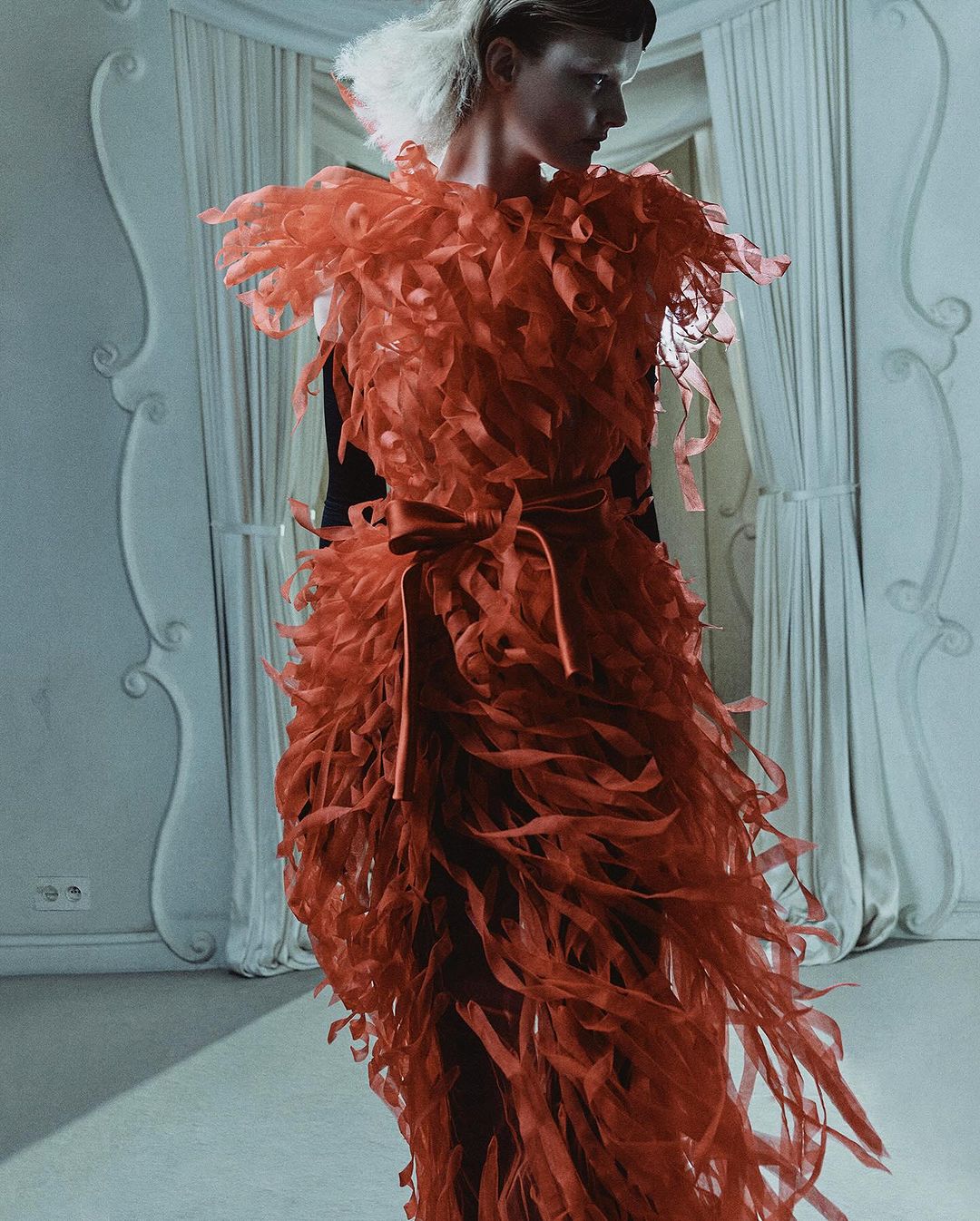 A striking fashion shot features an adult female model wearing a vibrant red feathered gown in an elegant indoor setting with ornate details.