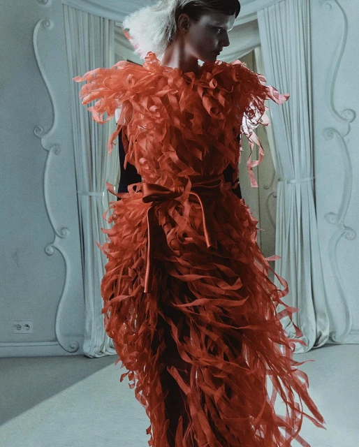 A striking fashion shot features an adult female model wearing a vibrant red feathered gown in an elegant indoor setting with ornate details.