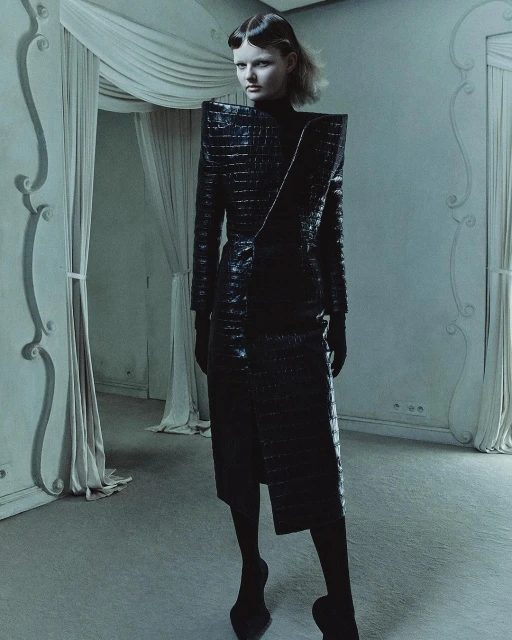 Elegant woman poses in a black crocodile-skin dress with strong shoulders in an ornate vintage interior with draped fabric and architectural moulding.