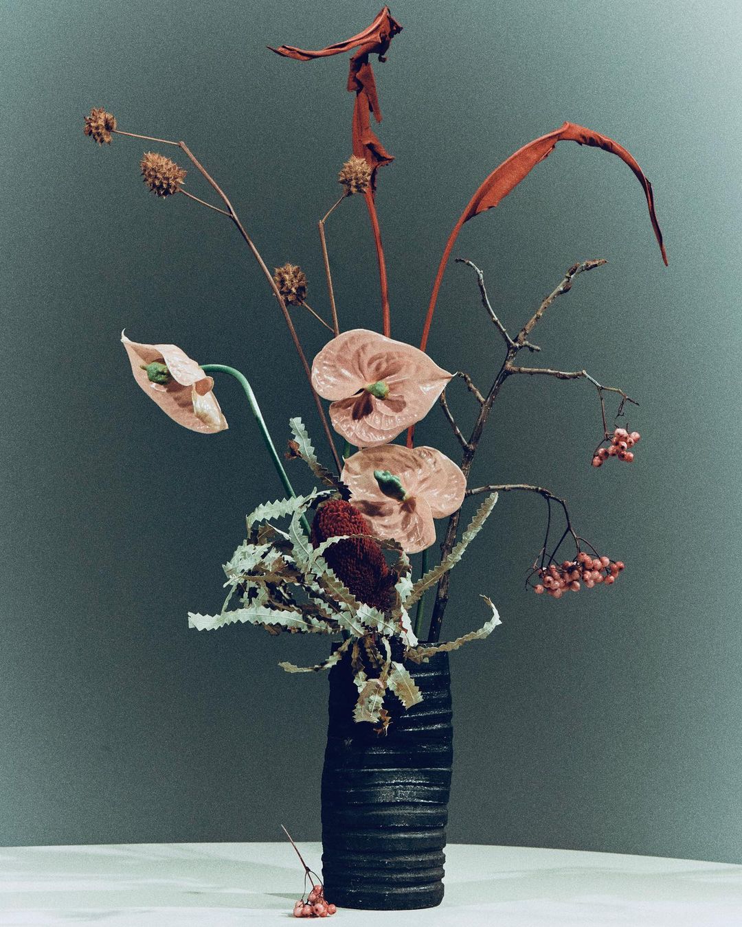 Elegant floral arrangement with anthurium flowers and berries in a dark vase against a gray backdrop in a studio setting.