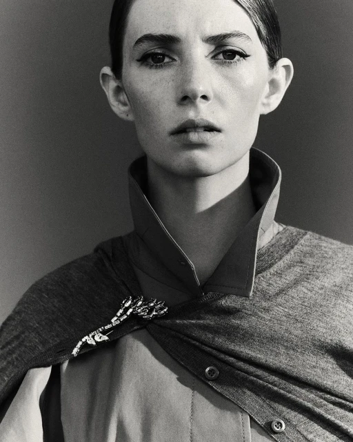 Portrait of a woman with dark eyeliner wearing a button-down shirt, grey cardigan, and jeweled brooch against a grey backdrop.
