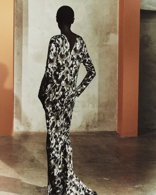 Woman poses indoors in a long-sleeved, patterned gown. She is facing away from the camera with an indoor concrete background.