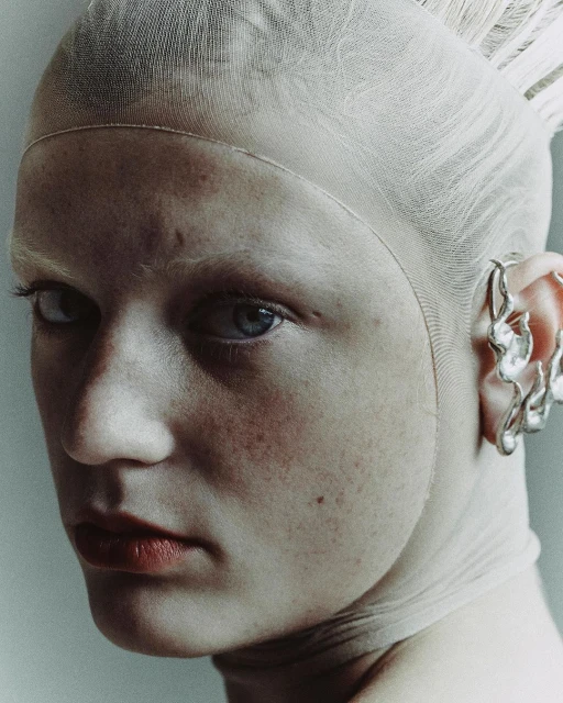 Close-up portrait of a fair-skinned person with light eyes, sheer head covering, artistic silver ear cuff, and light hair.