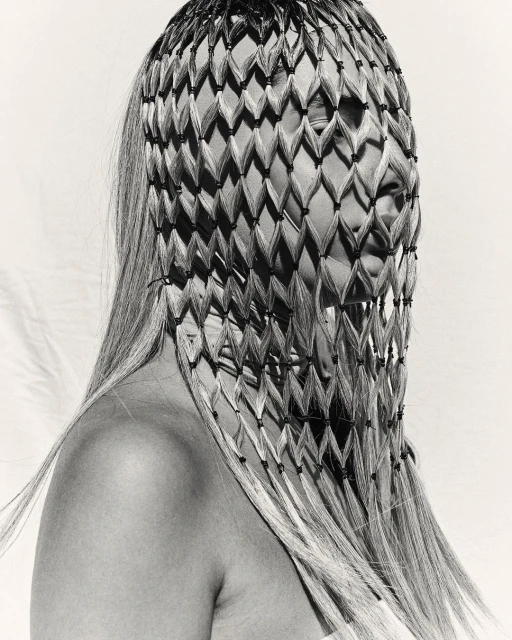 Artistic studio portrait of an adult female with blonde hair wearing a patterned head covering against a white backdrop in black and white.
