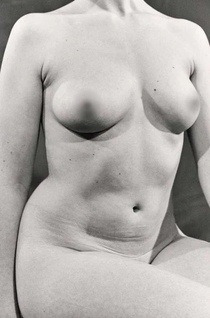 Monochrome close-up studio shot of an adult female torso, emphasizing skin texture and anatomical details under soft, diffused lighting.