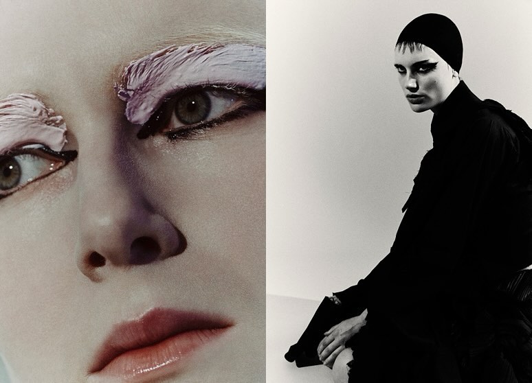 Close-up split portrait of a model with heavy textured pink eyebrow makeup and a black-clad figure in a dark cap.