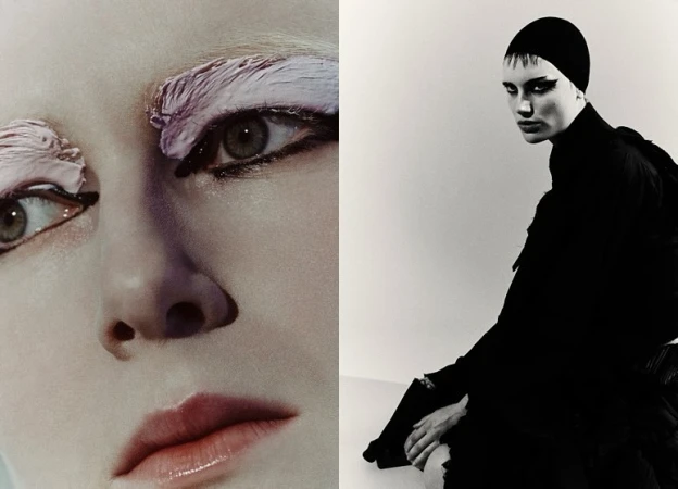 Close-up split portrait of a model with heavy textured pink eyebrow makeup and a black-clad figure in a dark cap.