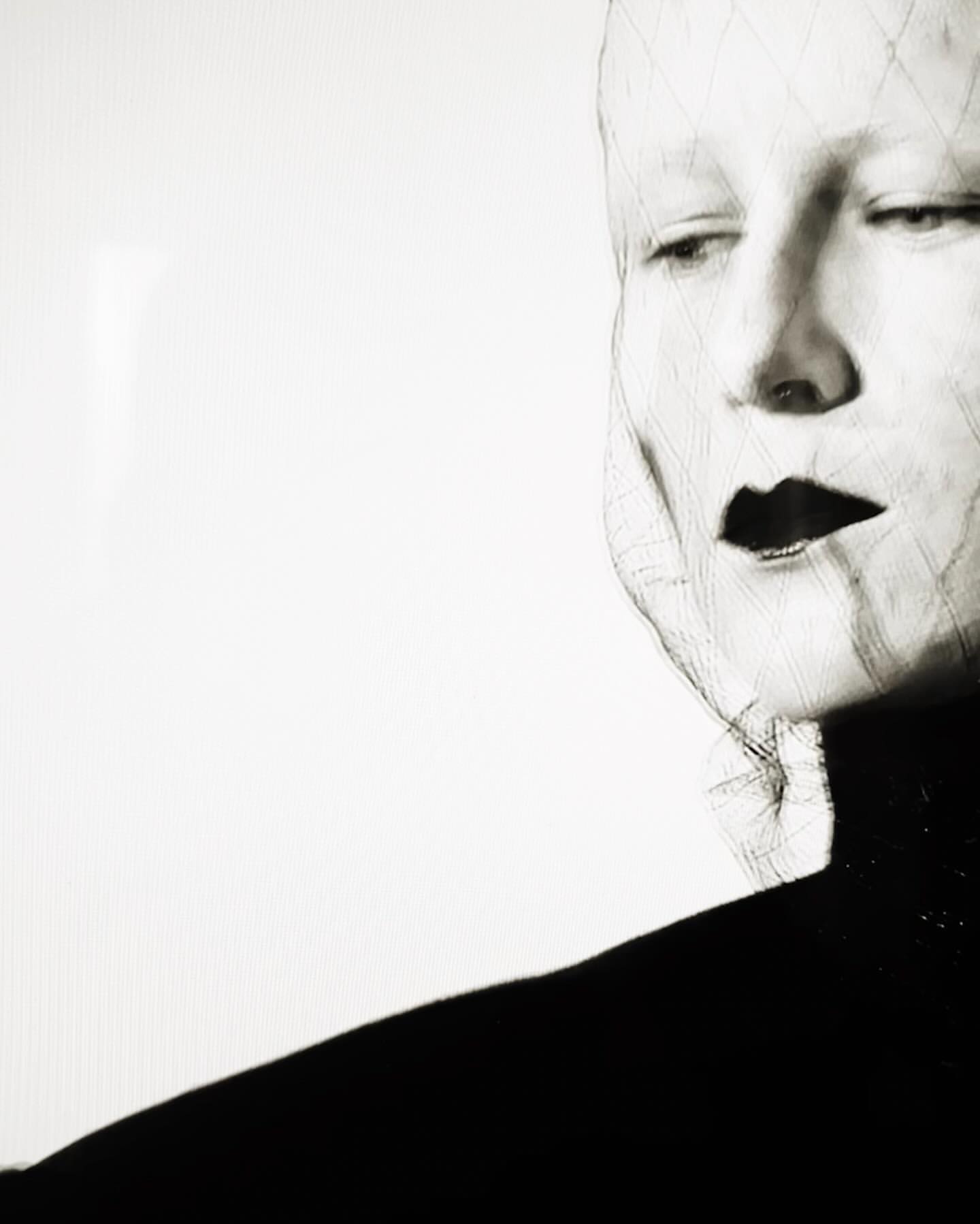Black and white artistic portrait of a fair-skinned woman with dark lipstick and a net-like structure over her face.