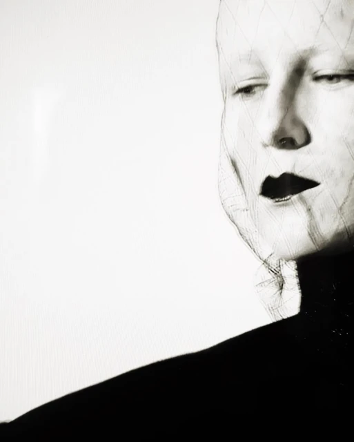 Black and white artistic portrait of a fair-skinned woman with dark lipstick and a net-like structure over her face.
