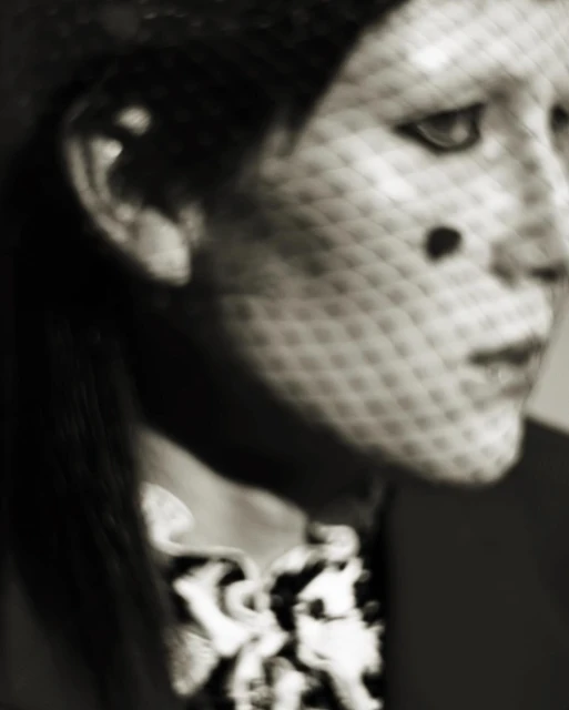 Close-up portrait of a woman with a veil featuring polka dots, wearing a dark jacket with a patterned collar. Blurred effect.