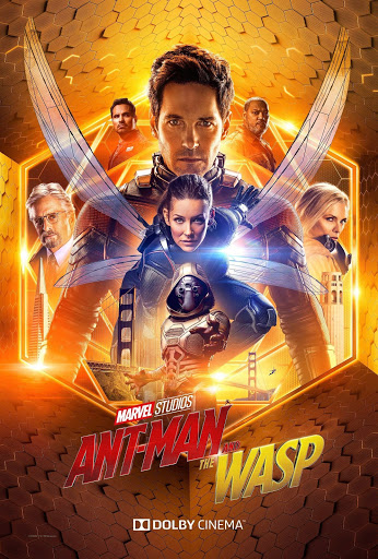 Movie poster featuring Paul Rudd as Ant-Man and Evangeline Lilly as The Wasp surrounded by cast members against a golden hexagonal background