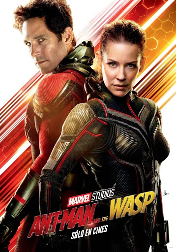 Movie poster of Ant-Man and the Wasp featuring Paul Rudd and Evangeline Lilly in hero costumes against a dynamic yellow backdrop.