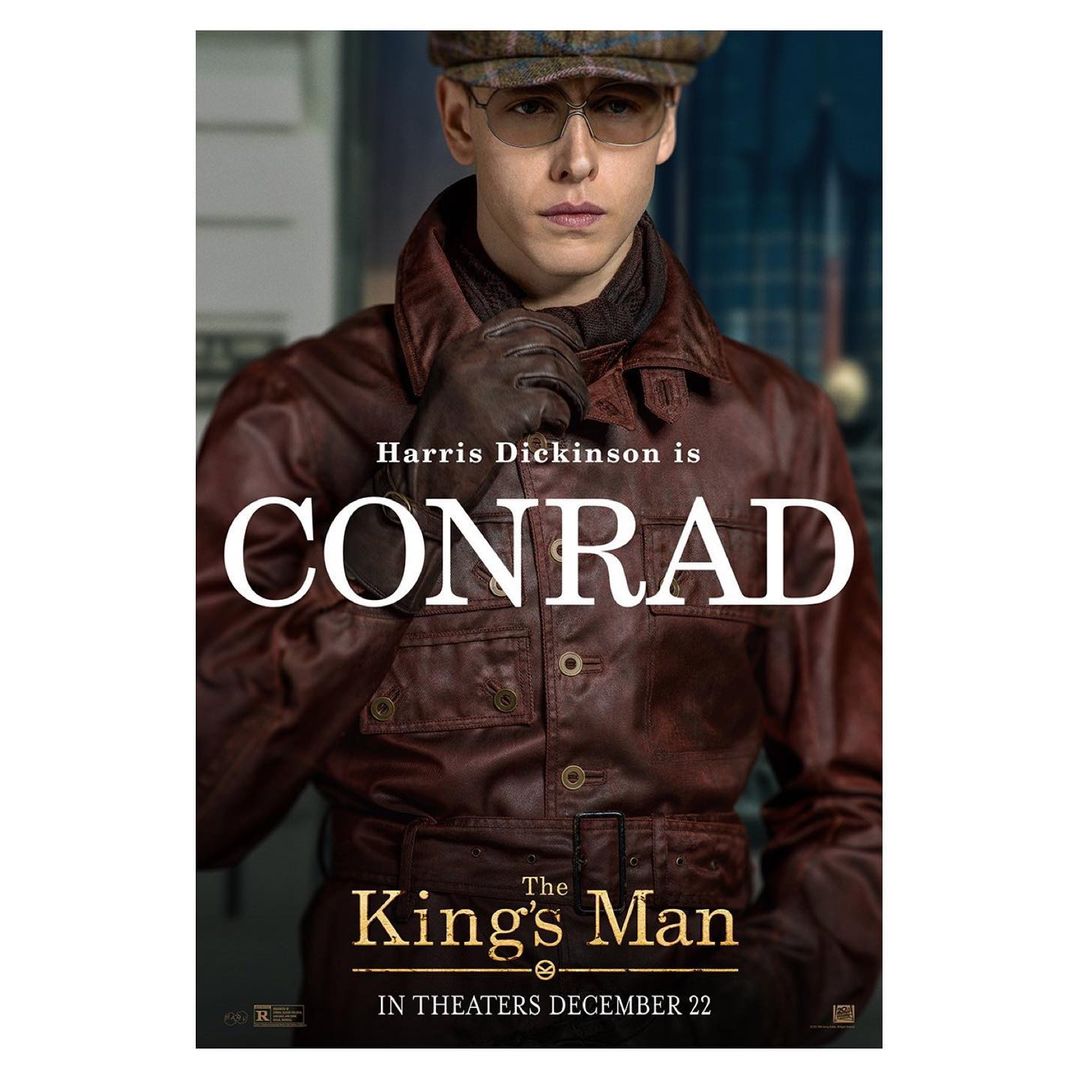 Movie poster for The King's Man featuring Harris Dickinson as Conrad, wearing vintage-style clothing, against a blurred background.