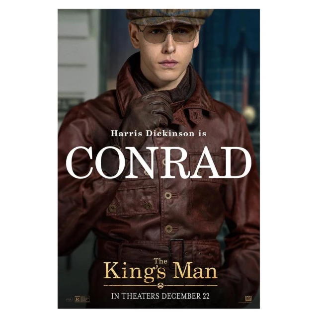 Movie poster for The King's Man featuring Harris Dickinson as Conrad, wearing vintage-style clothing, against a blurred background.