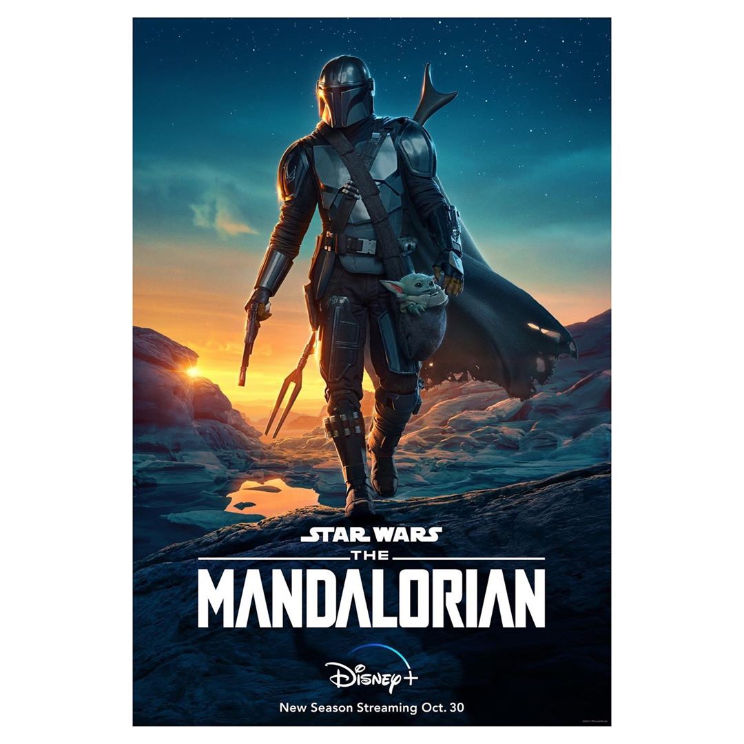 Poster art for the Star Wars The Mandalorian series features the title character and Grogu, set against a colorful planetary background.