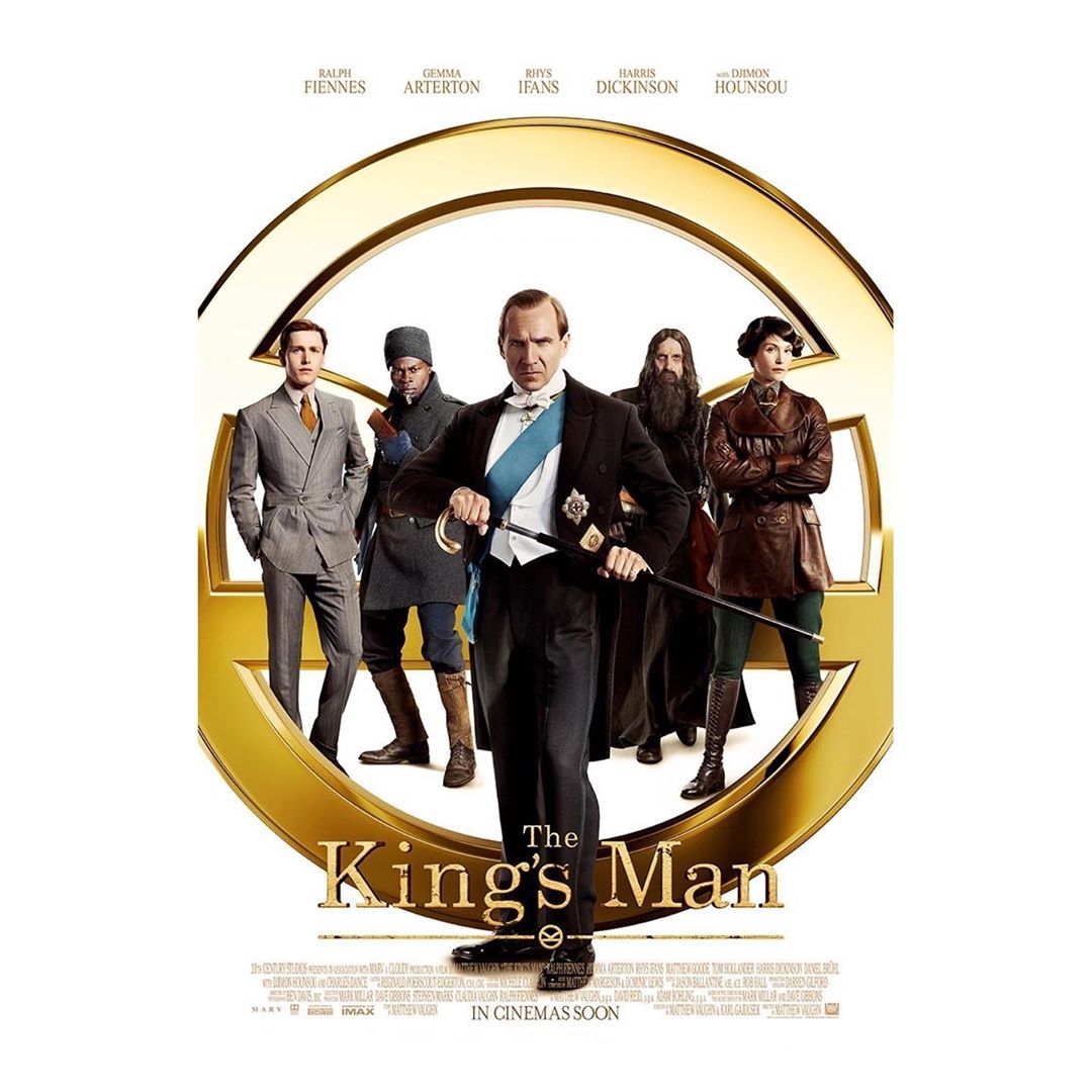 Movie poster for The King's Man film featuring a group of suited men standing against a large gold ring logo and the film's title.