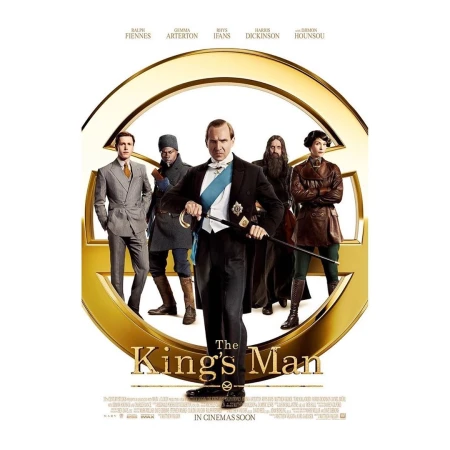 Movie poster for The King's Man film featuring a group of suited men standing against a large gold ring logo and the film's title.