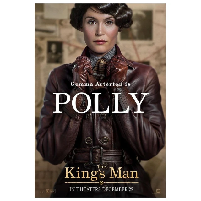 Gemma Arterton as Polly in The King's Man movie poster, wearing a brown leather jacket against a backdrop of vintage documents.