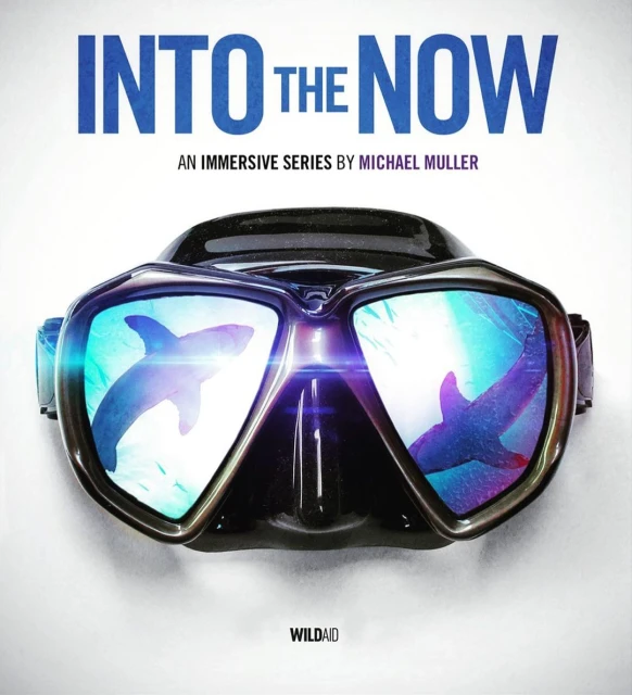 Scuba mask reflecting sharks, promoting 'Into the Now' immersive series by Michael Muller for WildAid, displayed against a clean backdrop.