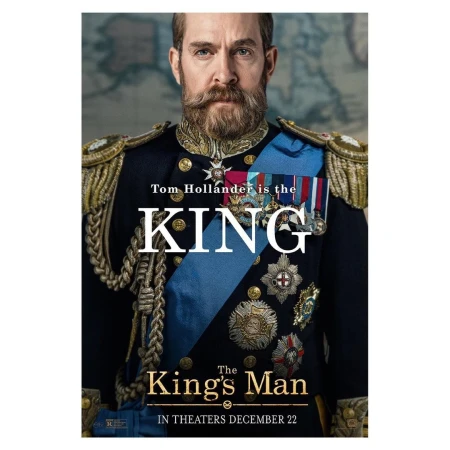 Movie poster for The King's Man featuring Tom Hollander in military attire with medals and intricate gold braiding on a map background.